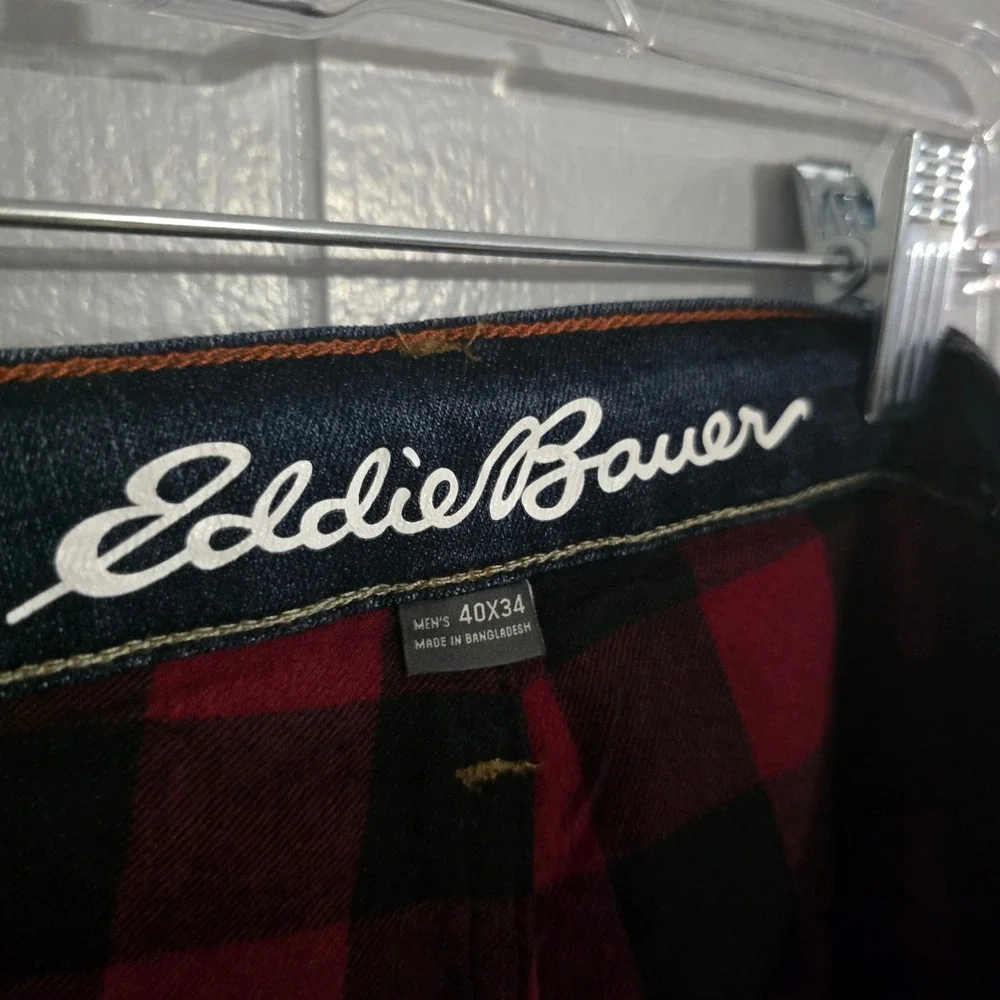 Eddie Bauer Men's 40x34 Flannel Lined Straight Fit Jeans Blue Buffalo Plaid Warm